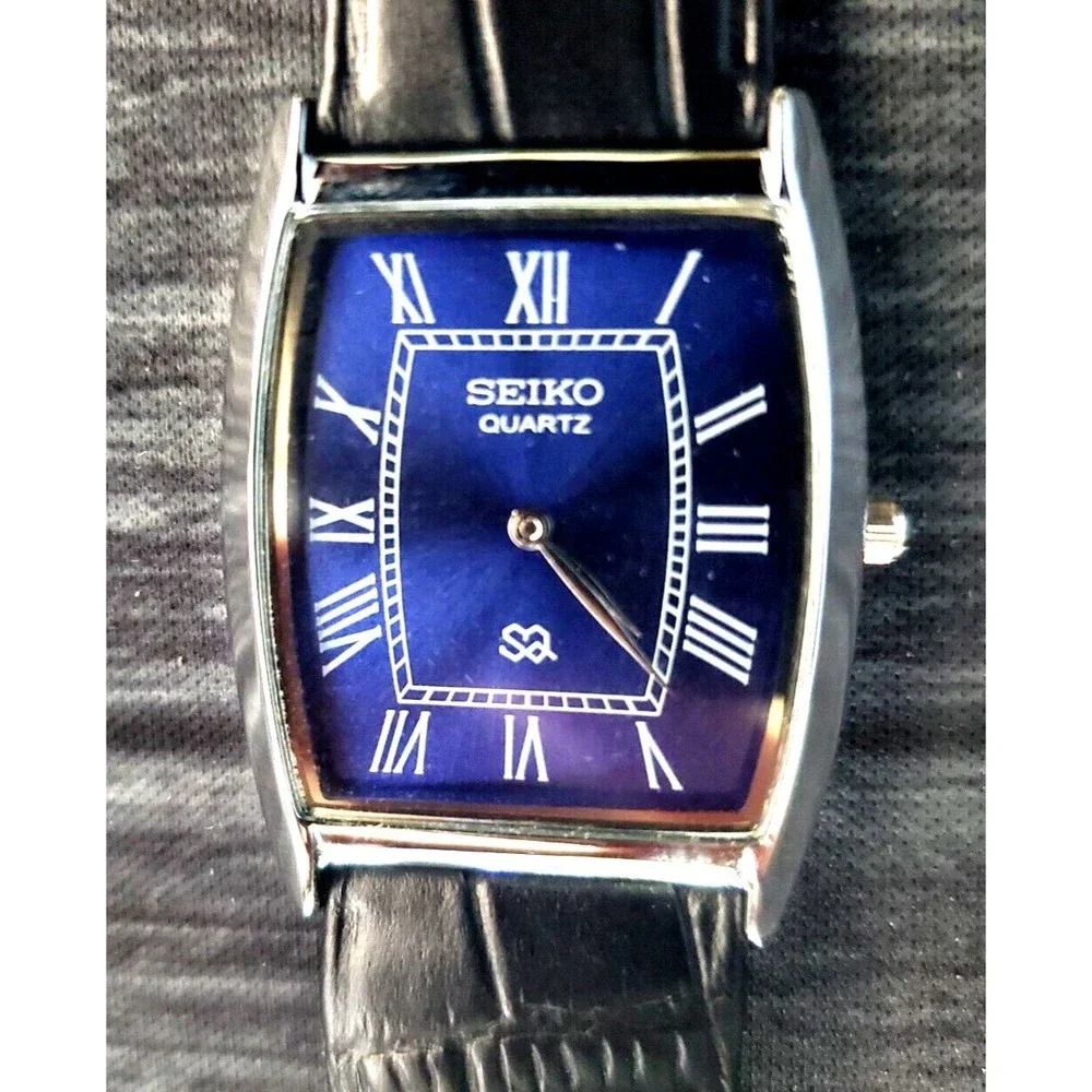 *RARE NOS Seiko Mens Tank Barrel Blue Satin Roman Dial‎ Black Leather band…